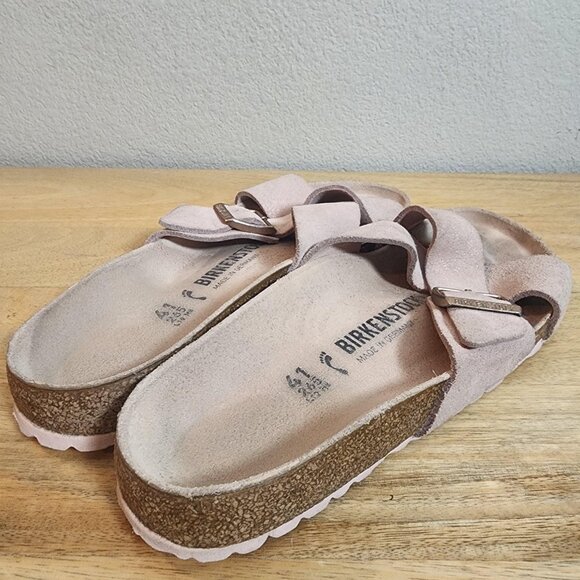 Birkenstock Sandals Womens Size 10 EU41 Pink Siena Big Buckle Suede Slides Cork - Picture 2 of 11
